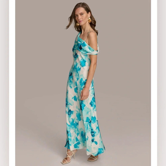 NWT Donna Karan Women's Blue Abstract Floral Printed One-Shoulder Draped Dress 6 - Picture 5 of 11